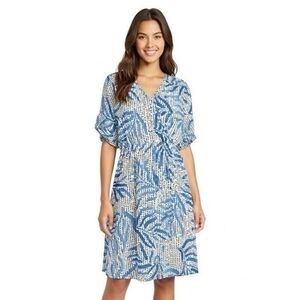 Nic+Zoe Blue Palm Leaves Dot Fit & Flare Dress PM Pockets Elastic Waist Short